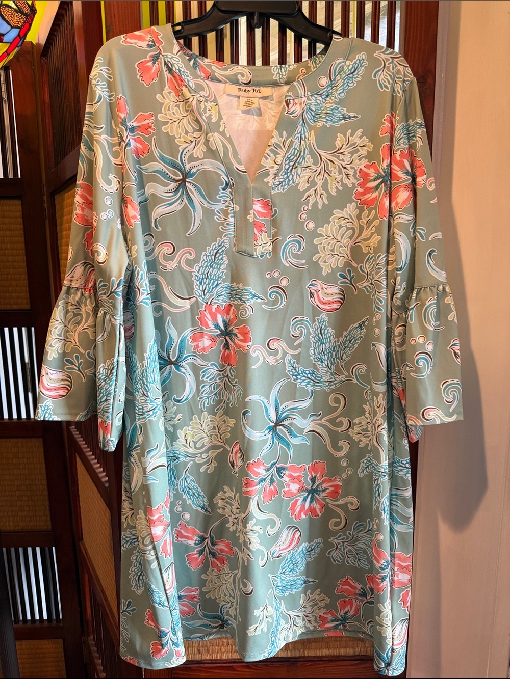 This year! Ruby Rd. Seafoam Floral V-Neck Midi Dress with Coral Accent